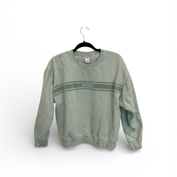 PINK Victoria's Secret Tops - PINK Victoria's Secret Sage Green Crewneck Sweatshirt with Stripe Logo